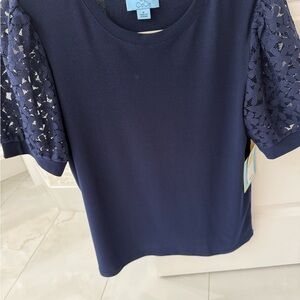 CeCe Navy Tee with lace sleeves